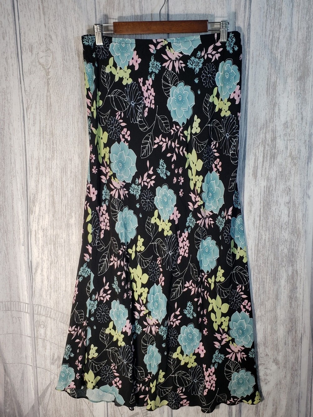 Vtg Y2K Black Floral A-Line Maxi Skirt Pastel Blue Green Whimsigoth Grunge Large